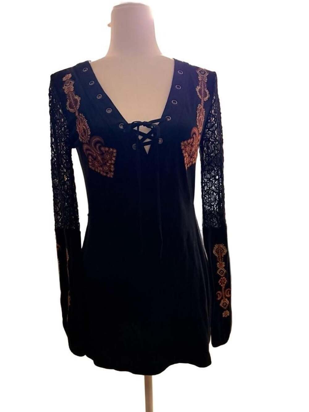 Venus Bohemian Tunic Black Lace Sleeves Brown Gold Embroidered